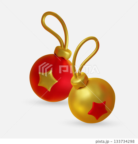 Minimal 3D render of white and gold Christmas baubles with star details, perfect isolated element for festive branding or design projects. 133734298