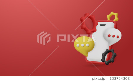 3D smartphone with chat bubbles and gears. A concept for customer support, chatbot services, and technical assistance. 133734308