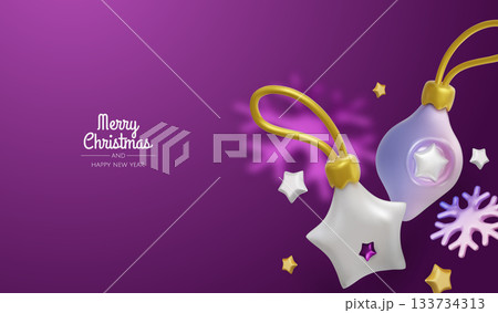Happy New Year and Merry Christmas. Christmas holiday background with realistic 3d objects, bauble balls, conical metal stars. Levitation falling design composition. 133734313