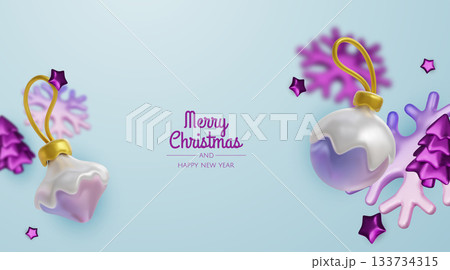 Festive 3D Christmas background with purple ornaments and snowflakes on soft blue, perfect for modern holiday greetings and promotions 133734315