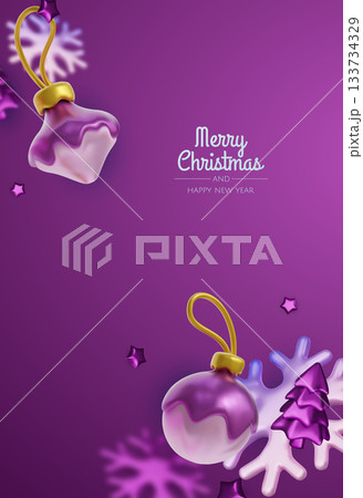 Minimal 3D Christmas design with gold drips, stars, snowflake elements on purple, ready for posters, stories, and website hero sections Minimal 3D Christmas design with gold drips, stars, snowflake elements on purple, ready for posters, stories, and website hero sections 133734329