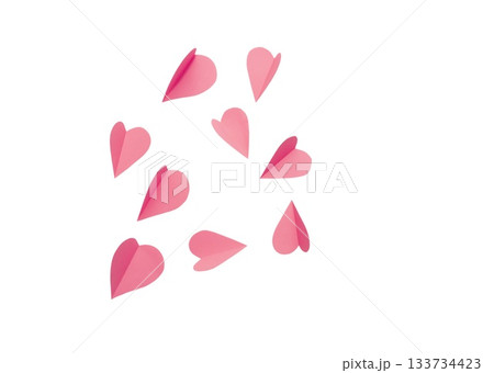 Pink Paper Hearts on White Background. Romantic Flat Lay for Valentines Day or Wedding Decor Pink Paper Hearts on White Background. Romantic Flat Lay for Valentines Day or Wedding Decor 133734423