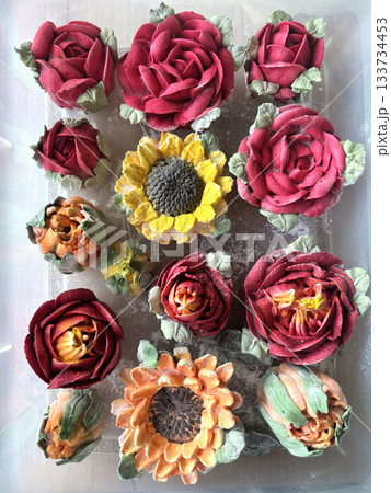 Homemade marshmallow, Marshmallow flowers, Marshmallow roses, tulips and sunflowers, Top view 133734453