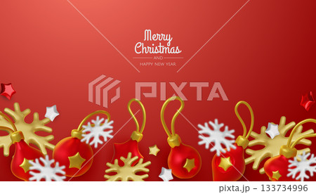 Happy New Year and Merry Christmas. Christmas holiday background with realistic 3d objects, bauble balls, conical metal stars. Levitation falling design composition. 133734996