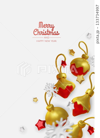Happy New Year and Merry Christmas. Christmas holiday background with realistic 3d objects, bauble balls, conical metal stars. Levitation falling design composition. 133734997