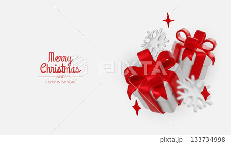 Elegant Christmas composition with gift boxes, red bows and winter decorative elements. Elegant Christmas composition with gift boxes, red bows and winter decorative elements. 133734998