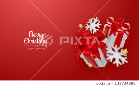 Festive Christmas scene with gift boxes and snowflakes on a soft red background. Festive Christmas scene with gift boxes and snowflakes on a soft red background. 133734999