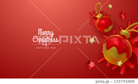 Happy New Year and Merry Christmas. Christmas holiday background with realistic 3d objects, bauble balls, conical metal stars. Levitation falling design composition. 133735000