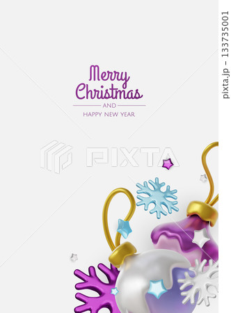 Elegant 3D Christmas background with baubles and soft bokeh on purple, perfect for festive greetings, banners, and social media 133735001
