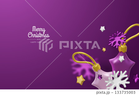 Minimal Christmas layout featuring gold ornaments, stars and snowflakes, ideal for holiday cards, banners and festive branding 133735003