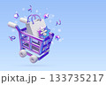 3d sale background with 3d holographic metallic push cart and shopping bag with discount sign 133735217