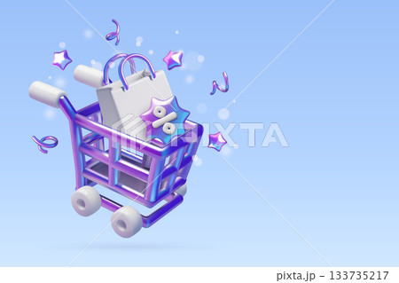 3d sale background with 3d holographic metallic push cart and shopping bag with discount sign 3d sale background with 3d holographic metallic push cart and shopping bag with discount sign 133735217