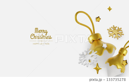 Elegant Christmas greeting card with golden ornaments and white snowflakes on a clean minimal background for festive holiday design 133735278