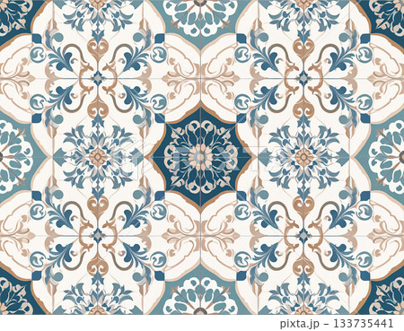 Interior design sample. Ceramic tiles with geometric patterns in natural color. Texture of building materials. Design mockup and background. 133735441