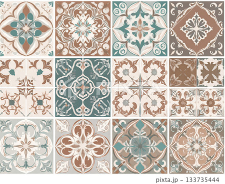 Flooring sample. Ceramic tiles with geometric patterns in natural color. Texture of building materials. Design mockup and background. 133735444