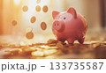 A Cheerful Piggy Bank Happily Surrounded by a Shower of Falling Coins from Above, Symbolizing Prosperity 133735587