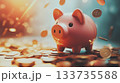 A Cheerful Piggy Bank Happily Surrounded by a Shower of Falling Coins from Above, Symbolizing Prosperity 133735588