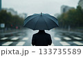 A person holding an umbrella stands in a rainy urban setting, creating a certain mood and atmosphere in the scene 133735589
