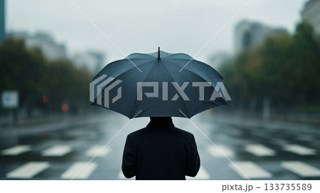 A person holding an umbrella stands in a rainy urban setting, creating a certain mood and atmosphere in the scene 133735589