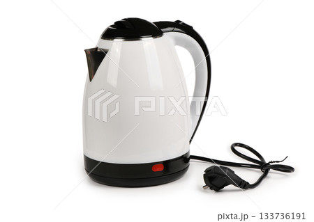 White and Black Electric Kettle with Power Cord Isolated on White, clipping paths included. White and Black Electric Kettle with Power Cord Isolated on White, clipping paths included. 133736191