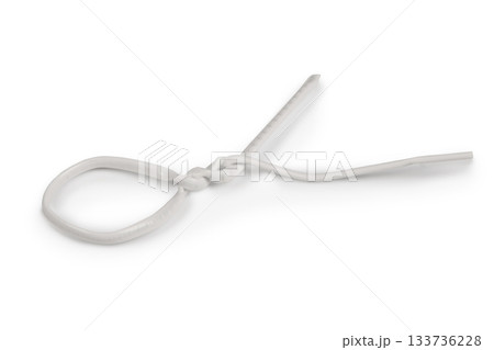Single White Plastic Cable Tie Secured in a Loop Isolated on White clipping paths included. Single White Plastic Cable Tie Secured in a Loop Isolated on White clipping paths included. 133736228