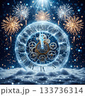 Ice clock dial: Futuristic New Year countdown with fireworks Ice clock dial: Futuristic New Year countdown with fireworks 133736314