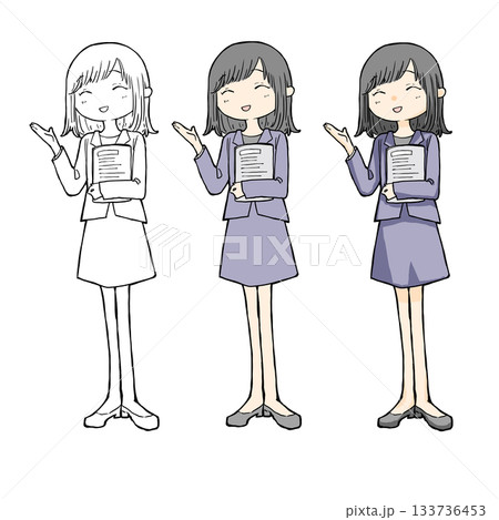 ビジネス風。笑顔で好感度の高い女性の案内イラスト。全身モノクロカラー 133736453