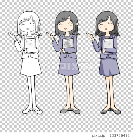 ビジネス風。笑顔で好感度の高い女性の案内イラスト。全身モノクロカラー 133736453
