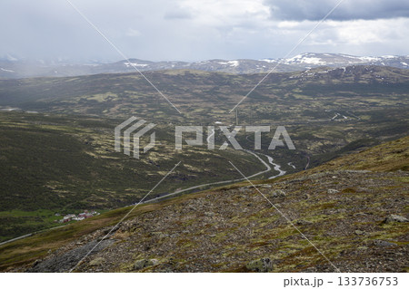 E6 road in Dovrefjell Sunndalsfjella National Park in Norway 133736753