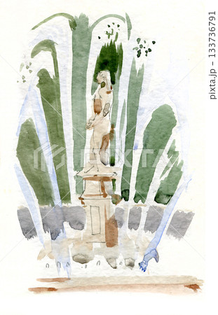 Watercolor sketch of a classical park statue surrounded by fountain and tall greenery. Soft brushstrokes and muted tones create a tranquil artistic atmosphere, ideal for cards, decor prints, travel 133736791