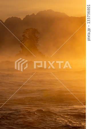 神秘的な毛嵐の海と女岩のシルエット_縦 133736801