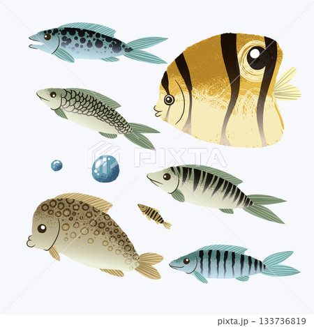Colorful sea fish pattern with tropical underwater animals in vibrant vector 133736819