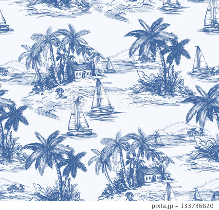 Tropic toile island scene with palm trees boats vintage drawing vector seamless pattern 133736820