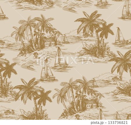 Tropic toile island scene with palm trees boats vintage drawing vector seamless pattern 133736821