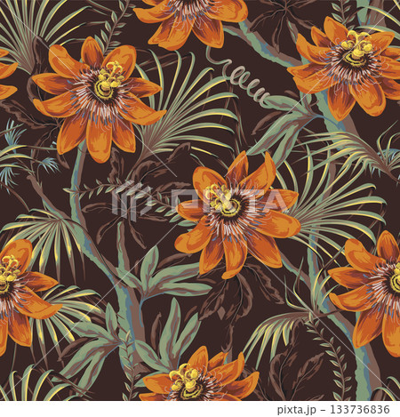 Passiflora tropical flower vector seamless pattern with exotic leaves and jungle plants 133736836