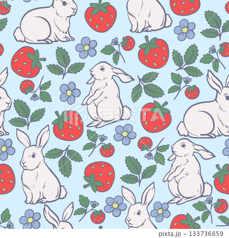 Cute rabbit and strawberry seamless vector pattern with floral stripes spring design Cute rabbit and strawberry seamless vector pattern with floral stripes spring design 133736859