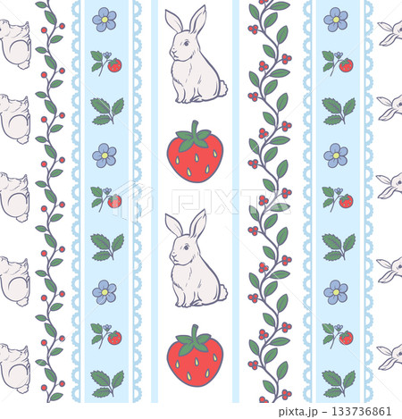Cute rabbit and strawberry seamless vector pattern with floral stripes spring design 133736861