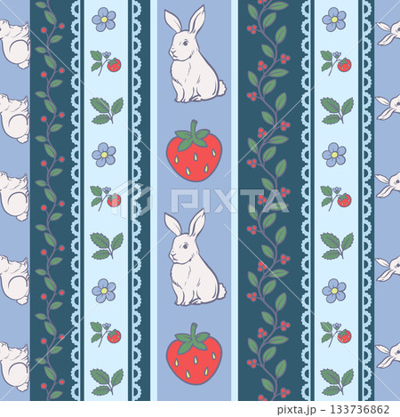 Cute rabbit and strawberry seamless vector pattern with floral stripes spring design 133736862