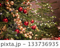 Banner of a decorated Christmas and New Year's tree with decorations and bokeh  133736935