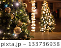 Banner of a decorated Christmas and New Year's tree with decorations and bokeh with snow on the branches 133736938