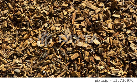 Wood Chip Mulch Texture For Garden Landscaping, Natural Ground Cover, And Rustic Yard Decor 133736970