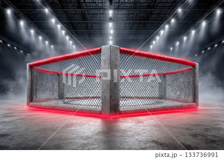 Modern MMA Fighting Cage Arena with Dramatic Lighting and Smoke 133736991