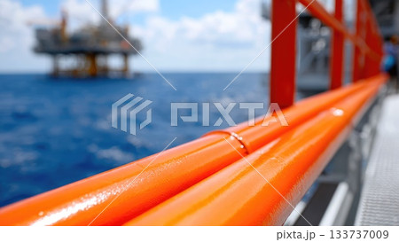 Bright Orange Metal Railings on Offshore Structure with Oil Rig in Soft Background 133737009