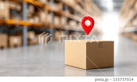 Cardboard Parcel with Red Location Marker in Modern Warehouse Environment 133737014