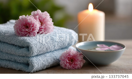 Relaxing Spa Scene with Soft Towels, Pink Flowers and Candlelight Relaxing Spa Scene with Soft Towels, Pink Flowers and Candlelight 133737045