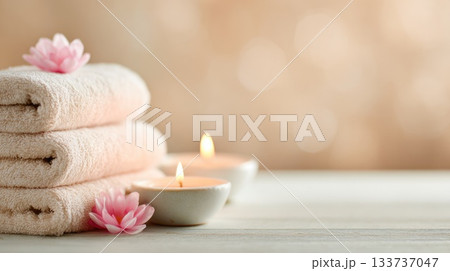 Relaxing Spa Setting with Soft Towels, Candles, and Gentle Warm Light Relaxing Spa Setting with Soft Towels, Candles, and Gentle Warm Light 133737047