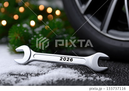 Metal wrench marked 2026 in winter setting with snow and lights 133737116
