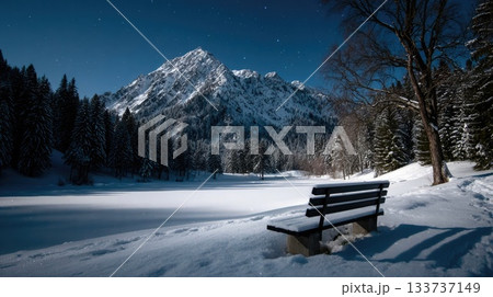 Bench by Frozen Lake in Mountains Bench by Frozen Lake in Mountains 133737149