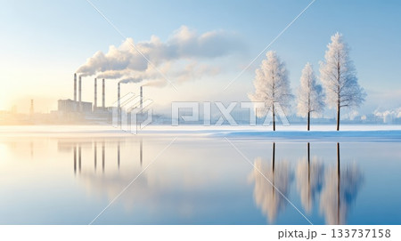 Winter Industrial Landscape with Frosty Trees and Factory Smokestacks 133737158