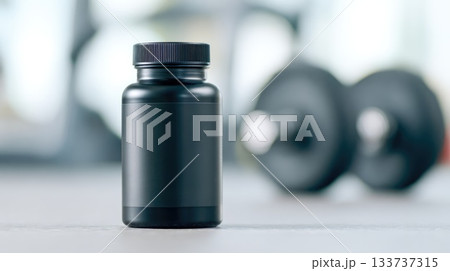 Blank Black Supplement Bottle on Gym Floor Blank Black Supplement Bottle on Gym Floor 133737315
